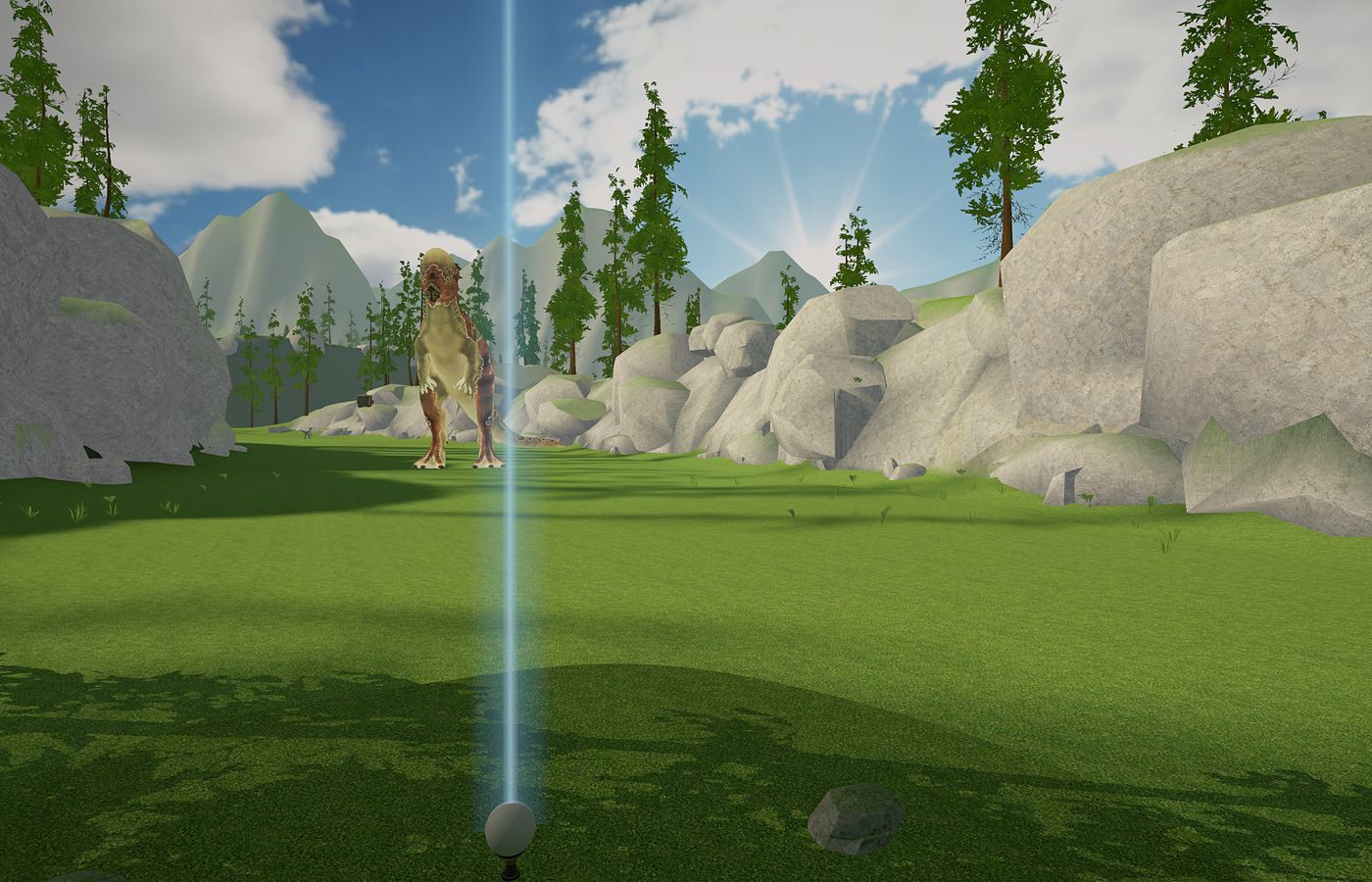 A ball on the tee in Golf Mountain, with a dinosaur ahead and the sun over the peaks.
