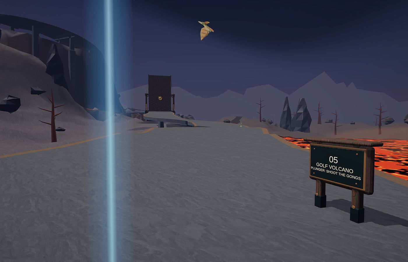 A pterodactyl over the Golf Volcano trailhead sign and a lava field.