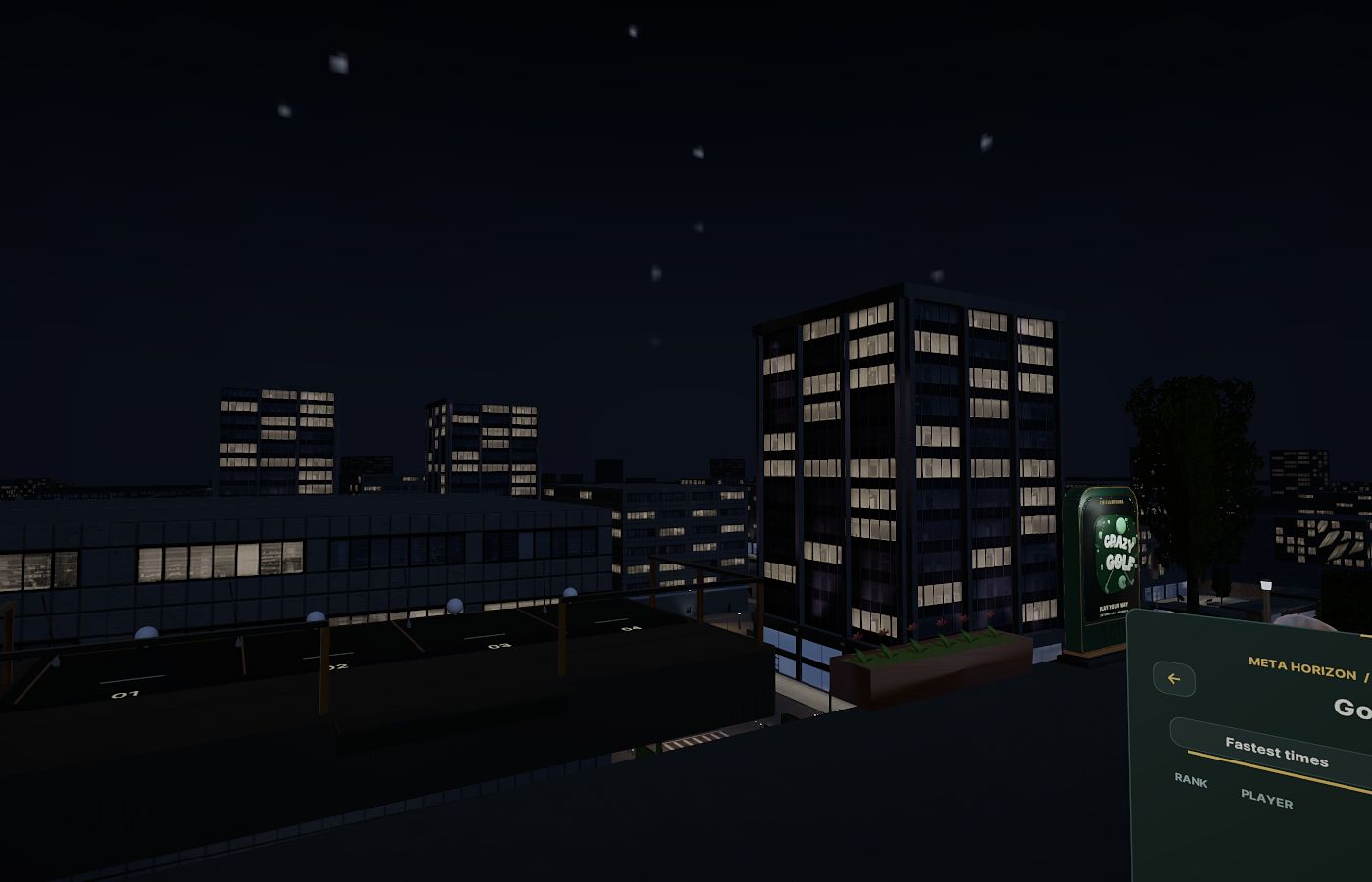 The multiplayer city rooftop at night, with a lit skyline and the course leaderboard panel.