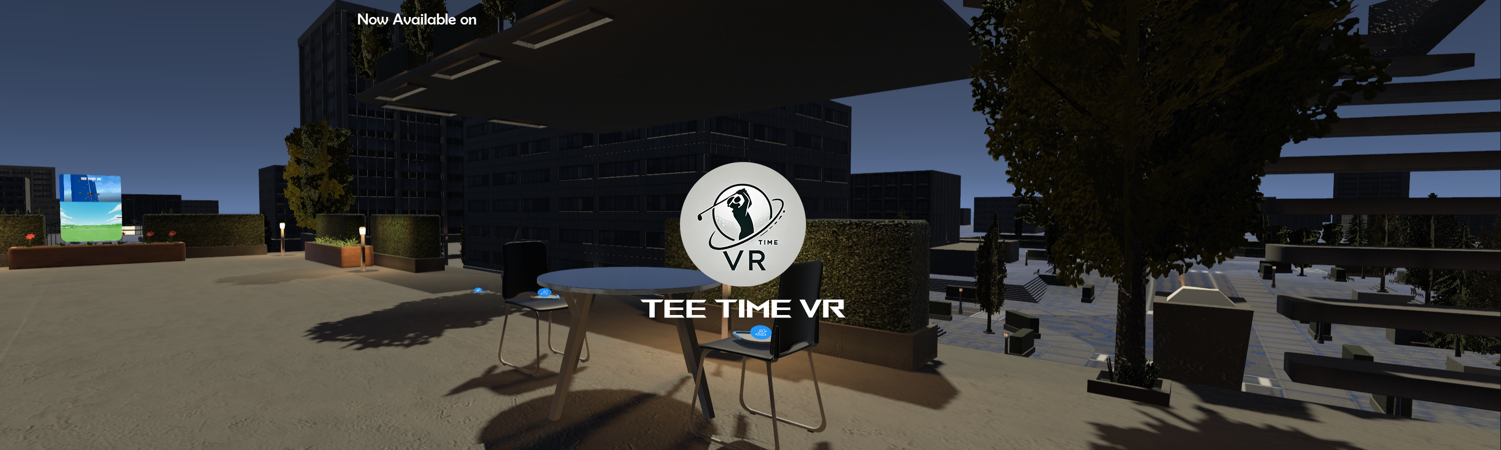 Players hanging out inside Tee Time VR with neon lighting.